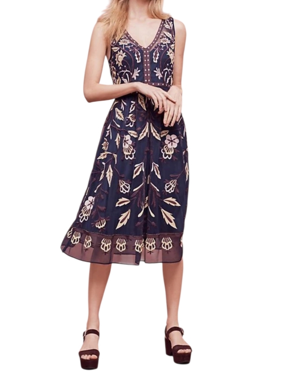 Anthropologie Moulinette Soeurs Alicante Dress Womens 0 Blue Floral Embroidered
